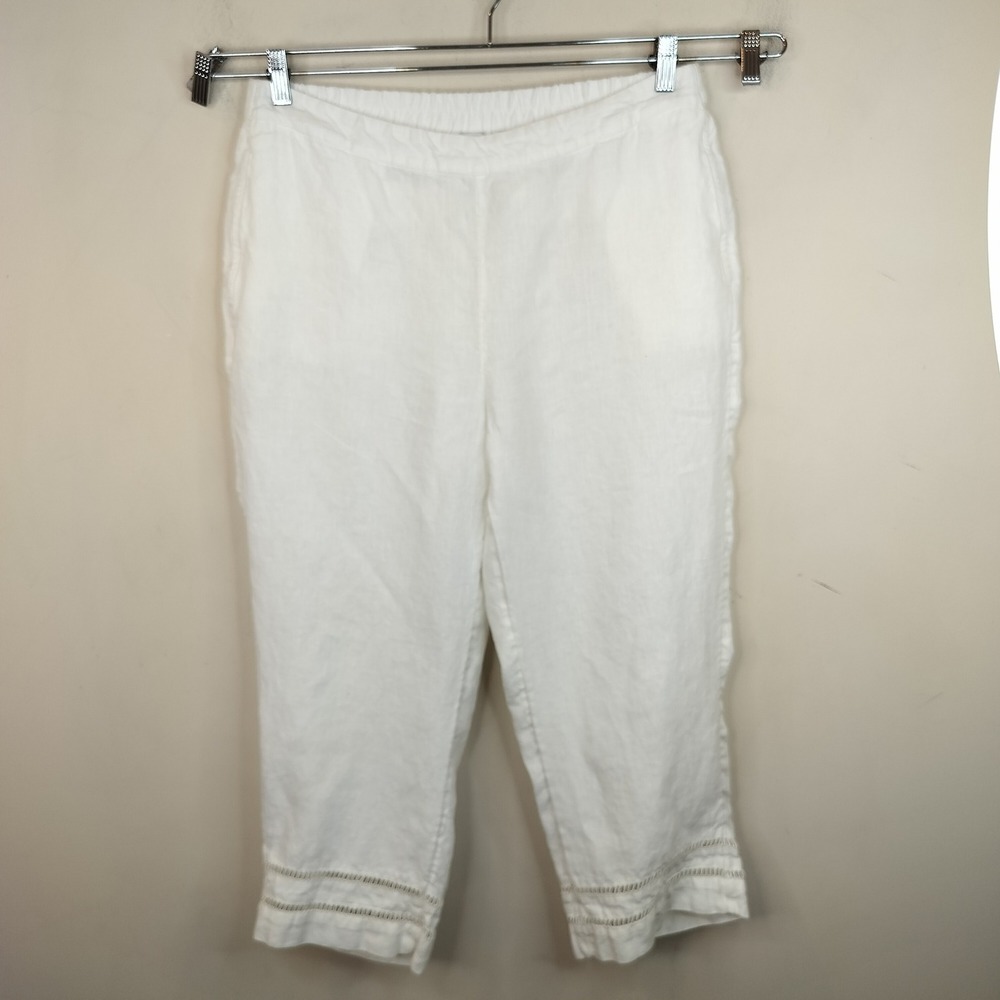 Chico's White Linen Cropped Pants Ladder Lace 2 / 12 / Large Coastal White